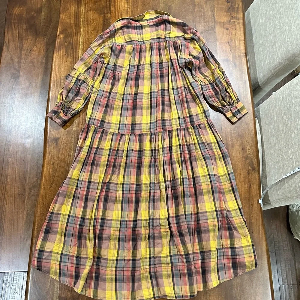Anthropologie Pilcro Long-Sleeve Tiered High-Low Dress Fall Plaid Collar Boho M - Picture 4 of 9